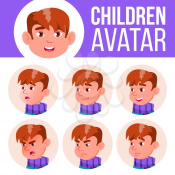 Boy Avatar Set Kid Vector. Primary School. Face Emotions. Children, Young People. Childish, Happiness Enjoyment. Cartoon Head Illustration