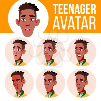 Teen Boy Avatar Set Vector. Black. Afro American. Face Emotions. Emotional. Smile. Cartoon Head Illustration