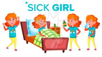Sick Girl Schoolgirl Vector. Ill Child. Teenage. For Web, Brochure, Poster Design Isolated Illustration