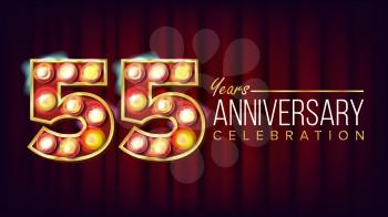55 Years Anniversary Banner Vector. Fifty-five, Fifty-fifth Celebration. Shining Light Sign Number. For Party, Banner, Badge Design. Red Background Illustration