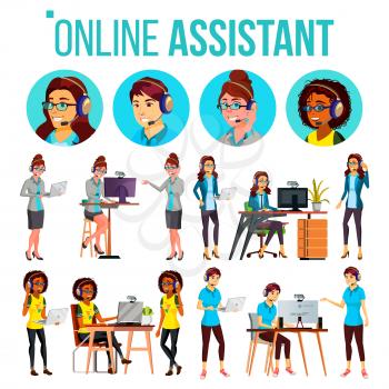 Online Assistant Woman Set Vector. Online Global Tech Support 24 7. Advises Client. Headphone, Headset. Talking. Office Workers At The Computer. Assistance Counseling. Illustration