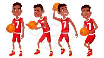 Basketball Player Child Set Vector. Various Poses. Athlete In Uniform With Ball. Sport Game Competition. Game. Isolated Flat Cartoon Illustration