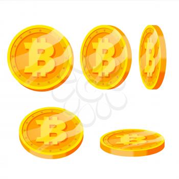 Bitcoin Gold Coins Vector Set. Flip Different Angles. Modern Virtual Money. Digital Currency. Isolated illustration