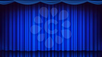Blue Theater Curtain Vector. Theater, Opera Or Cinema Closed Scene. Realistic Blue Drapes Illustration