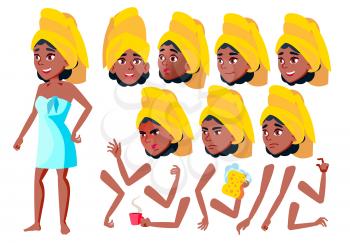 Teen Girl Vector. Teenager. Black. Afro American. Friendly, Cheer. Face Emotions, Various Gestures. Animation Creation Set Isolated Flat Cartoon Illustration