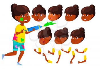 Indian Teen Girl Vector. Hindu. Asian. Teenager. Holi. Face Emotions, Various Gestures. Animation Creation Set. Isolated Flat Character Illustration