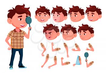 Boy, Child Vector. Caucasian. Face Emotions, Various Gestures. Hospital. Health. Animation Set Isolated Flat Cartoon Character Illustration