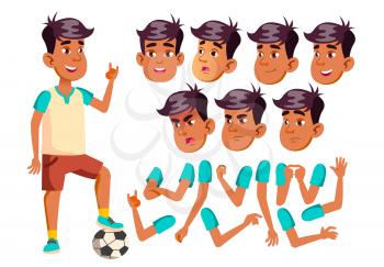 Arab, Muslim Teen Boy Vector. Teenager. Caucasian, Positive. Face Emotions, Various Gestures. Animation Creation Set. Isolated Flat Character Illustration