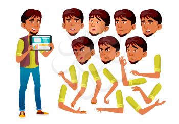 Arab, Muslim Teen Boy Vector. Teenager. Positive Person. Face Emotions, Various Gestures. Animation Creation Set. Isolated Flat Character Illustration