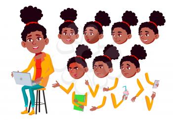 Teen Girl Vector. Teenager. Black. Afro American. Friends, Life. Emotional, Pose. Face Emotions Various Gestures Animation Creation Set Isolated Flat Character Illustration