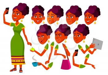 Teen Girl Vector. Indian, Hindu Teenager. Leisure, Smile. Asian. Face Emotions, Various Gestures. Animation Creation Set Isolated Flat Cartoon Illustration
