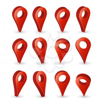 3d Map Pointer Vector. Set Red Navigator Symbol Isolated On White Background With Soft Shadow. GPS Location Symbol