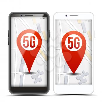 5G Pointer Sign On Mobile Screen Vector. Smart Phone. Red Icon. Internet Wi-Fi Connection. Speed. Wireless Internet Network Future Technology. Illustration