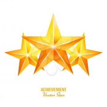 Three Achievement Vector Stars. Yellow Sign. Golden Decoration Symbol. 3d Shine Icon Isolated On White