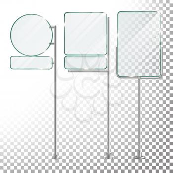 Glass Billboard Vector Isolated On Transparent Background. Advertising POS Stand Banner Mockup Illustration. Glass Screen Banner Set.