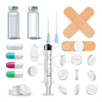 Medical Items Set Vector. Pills, Drugs, Ampoule Syringe Patch Isolated