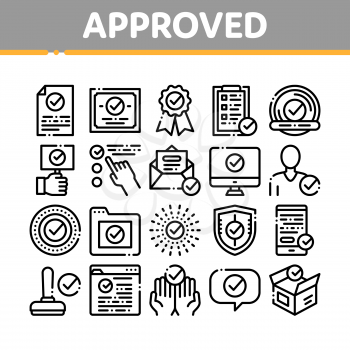 Approved Collection Elements Vector Icons Set Thin Line. Approved Sings On Document File And Hands, Computer Monitor And Smartphone Display Concept Linear Pictograms. Black Contour Illustrations