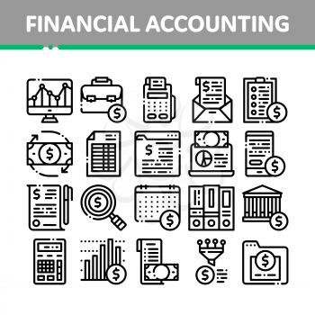Financial Accounting Collection Vector Icons Set Thin Line. Money Dollar Sings On Smartphone Display And Magnifier, Web Site And Laptop Financial Concept Linear Pictograms. Black Contour Illustrations