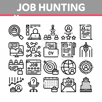 Job Hunting Collection Elements Vector Icons Set Thin Line. Hunting Business People And Recruitment Candidate, Team Work And Partnership Concept Linear Pictograms. Black Contour Illustrations