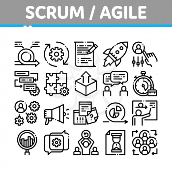 Scrum Agile Collection Elements Vector Icons Set Thin Line. Agile Rocket And Document File, Gear And Package, Loud-speaker And Stop Watch Concept Linear Pictograms. Black Contour Illustrations