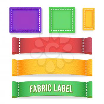 Color Label Fabric Blank Vector. Realistic Set Bright Blank Fabric Cloth Labels Or Badges With Stitching.