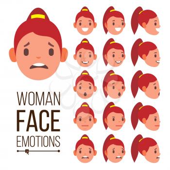 Woman Emotions Vector. Handsome Face Female. Cute, Joy, Laughter, Sorrow. Girl Avatar Psychological Portraits. Isolated Flat Illustration