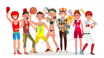 Summer Sports Vector. Set Of Players In Boxing, Hiking, Basketball, Volleyball, Golf, Lacrosse, Baseball. Isolated On White Background Flat Illustration