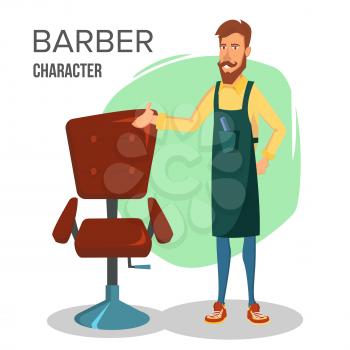 Barber Character Vector. Modern Barber Shop. Classic Lounge Chair. Cartoon Isolated Illustration.
