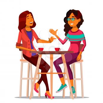 Friends In Cafe Vector. Two Woman. Drinking Coffee. Bistro, Cafeteria. Coffee Break Concept. Lifestyle. Have Fun. Communication Breakfast. Isolated Flat Cartoon Illustration