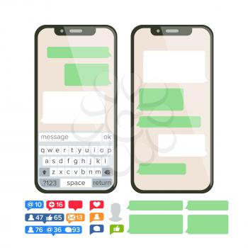 Mobile Screen Messaging Vector. Chat Bot Bubbles Set. Mobile App Messenger Interface. Communication Concept. Smartphone With Chat On Screen. Empty Text Boxes. Notification Icons. Isolated Illustration