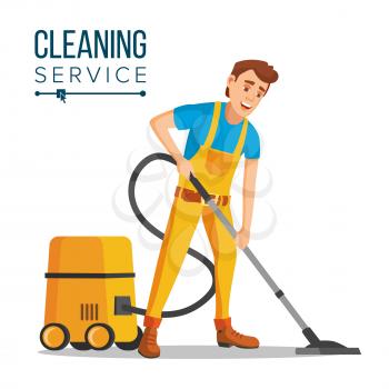 Professional Office Cleaner Vector. Janitor With Cleaning Equipment. Flat Cartoon Illustration