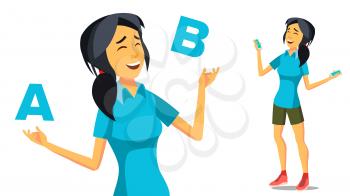 Asian Woman Comparing A With B Vector. Creative Idea. Balancing. Customer Review. Isolated Cartoon Illustration