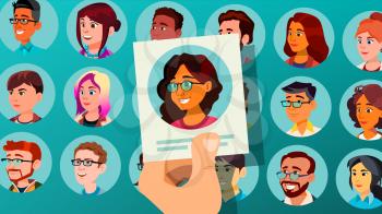 Human Recruitment Vector. Woman. Hand Picking Woman. Stand Out From Crowd. Business Team. Candidate Person. Employer Choice. Cartoon Illustration