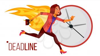 Deadline Concept Vector. Lack Of Time. Mess And Deadline Tasks. Stress In Office. Running Business Woman On Fire. Workers Hurry Up With Job. Illustration