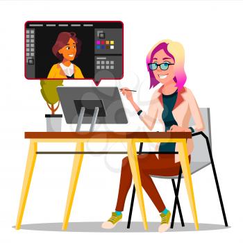 Photographer Retouching Photo Vector. Woman Working With Graphic Software. Freelance Concept. Illustration