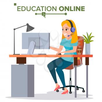 Education Online Vector. Home Online Education Service. Young Woman In Headphones Working With Computer. Modern Learning Technology. Isolated Flat Cartoon illustration