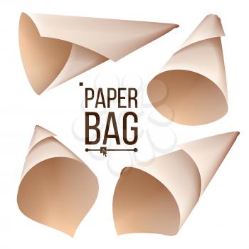 Paper Cone Bag Set Vector. Package, Container Sign, Icon. Different Views. Realistic Illustration