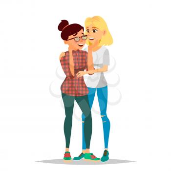 Lesbian Couple Vector. Two Hugging Women. Same Sex Marriage. Homosexual Couple Of Girls. LGBT. Isolated Flat Cartoon Character Illustration