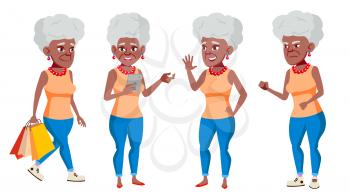 Old Woman Poses Set Vector. Black. Afro American. Elderly People. Senior Person. Aged. Active Grandparent. Joy. Web, Brochure Poster Design Isolated Cartoon Illustration
