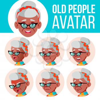 Old Woman Avatar Set Vector. Black. Afro American. Face Emotions. Senior Person Portrait. Elderly People. Aged. User, Character. Cheer Pretty Cartoon Head Illustration