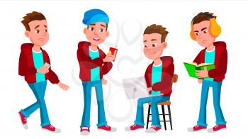 Boy Schoolboy Kid Poses Set Vector. High School Child. School Student. Graduation, Homework, Teacher. For Banner, Flyer, Web Design. Isolated Cartoon Illustration