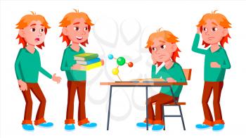 Boy Schoolboy Kid Poses Set Vector. High School Child. Children Study. Smile, Activity, Beautiful. For Web, Brochure, Poster Design. Isolated Cartoon Illustration