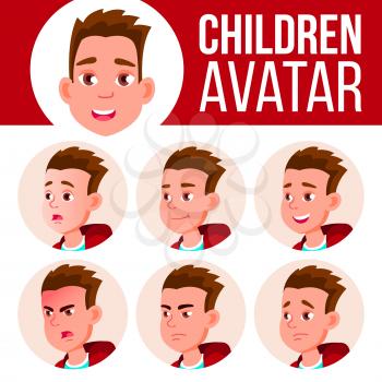 Boy Avatar Set Kid Vector. High School. Face Emotions. Flat, Portrait. Cute, Comic, Web Cartoon Head Illustration