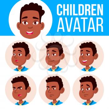 Boy Avatar Set Kid Vector. Afro American. Black. High School. Face Emotions. Flat, Portrait. Cute, Comic Web Head Illustration