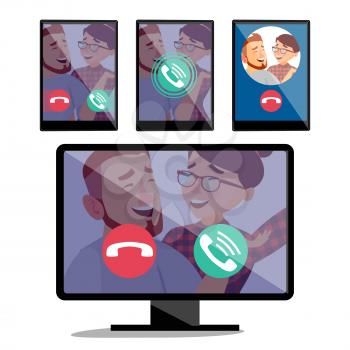 IP Telephony Vector. Desktop Pc Display Monitor Screen And Tablet. Incoming Voice Call. Web Internet Calling Application. Digital Conversation. Friends, Family, Business Communication. Isolated Cartoon Illustration