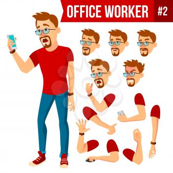 Office Worker Vector. Face Emotions, Various Gestures. Animation Creation Set. Business Worker. Career. Professional Workman, Officer, Clerk Flat Cartoon Illustration