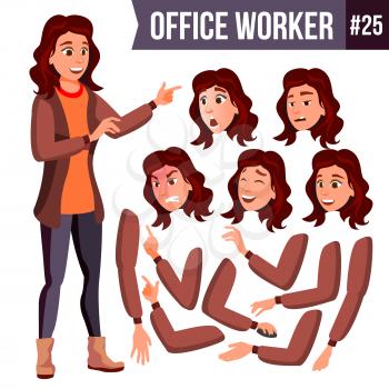 Office Worker Vector.Woman. Successful Officer, Clerk, Servant. Adult Business Woman. Face Emotions, Various Gestures. Animation Set. Isolated Flat Cartoon Illustration