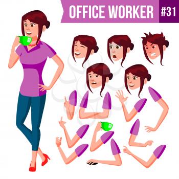 Office Worker Vector. Woman. Happy Clerk, Servant, Employee. Business Woman Person. Lady Face Emotions, Various Gestures. Animation Set. Flat Character Illustration
