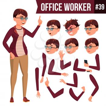 Office Worker Vector. Woman. Modern Employee, Laborer. Business Woman. Emotions, Gestures. Animation Creation Set Flat Cartoon Illustration