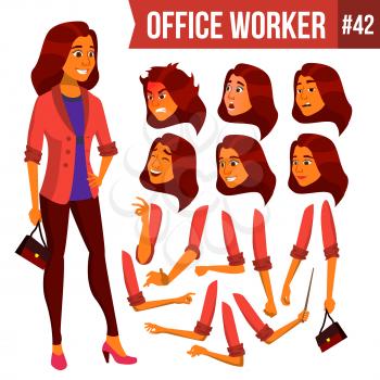 Office Worker Vector. Woman. Modern Employee, Laborer. Business Worker. Face Emotions, Various Gestures. Animation Creation Set. Isolated Cartoon Character Illustration
